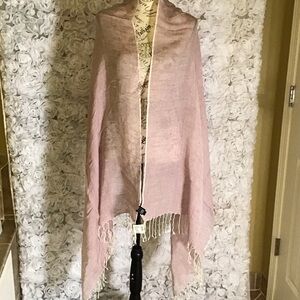 Saks Fifth Avenue 55% Linen 45%Viscose Elegant Pink & Cream Shawl with Fringe